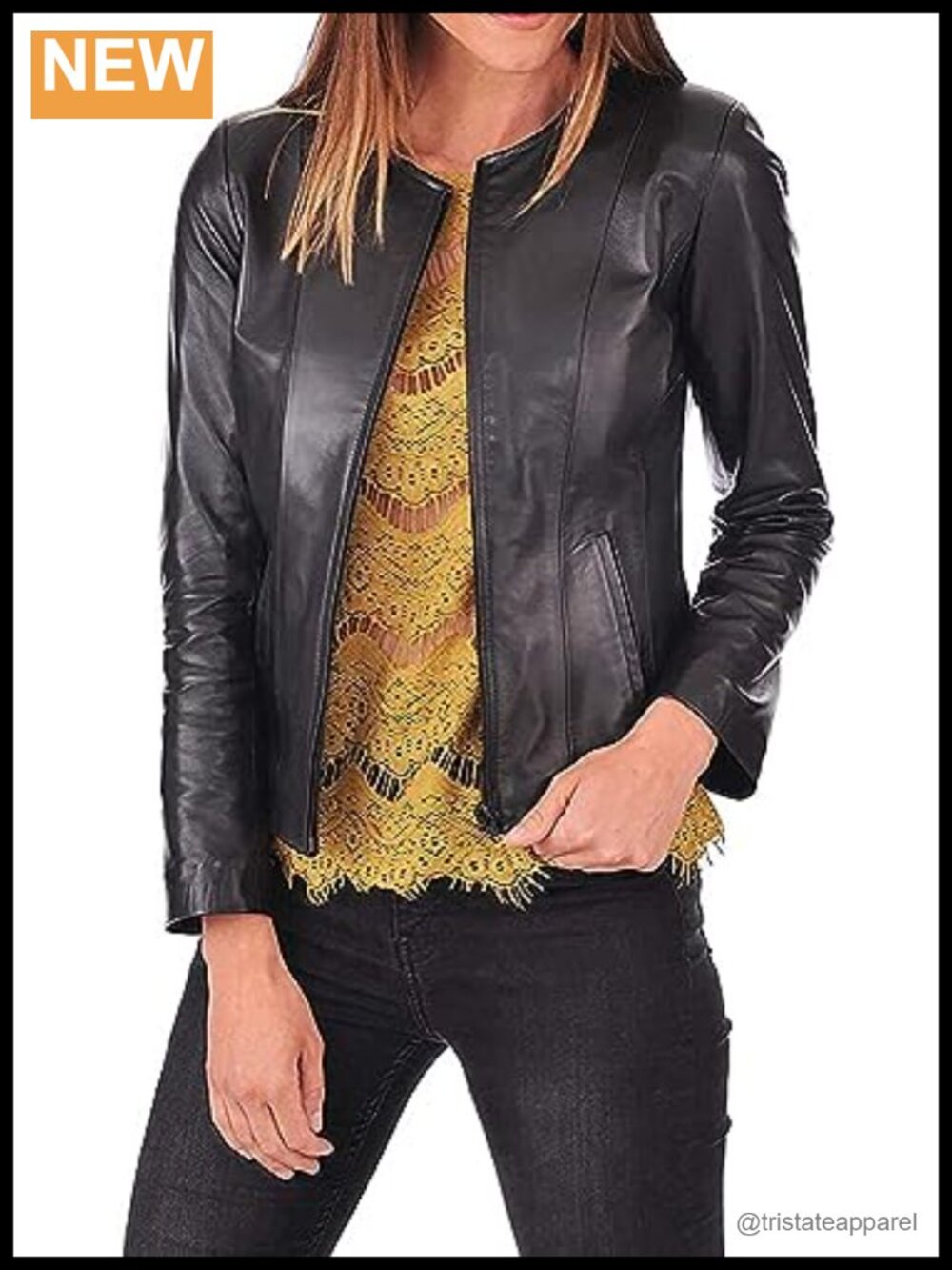 Genuine Lambskin Leather Jacket for Women – Collarless Deep Neck Slim Fit